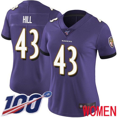 Baltimore Ravens Limited Purple Women Justice Hill Home Jersey NFL Football #43 100th Season Vapor Untouchable